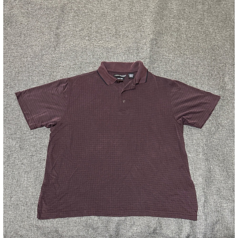 John Henry Men's Medium Polo Shirt Ultra Feel Textured Grid Maroon Short Sleeve